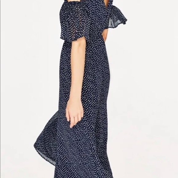 ZARA Sz S JUMPSUIT NAVY/WHITE FLOWING LONG POLKA DOT - Picture 4 of 15